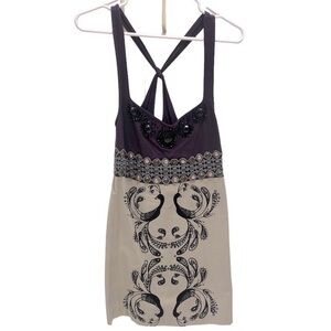 Size 6 Vintage Free People Purple/Black/Tan BeadCotton Peacock Print Mini Dress